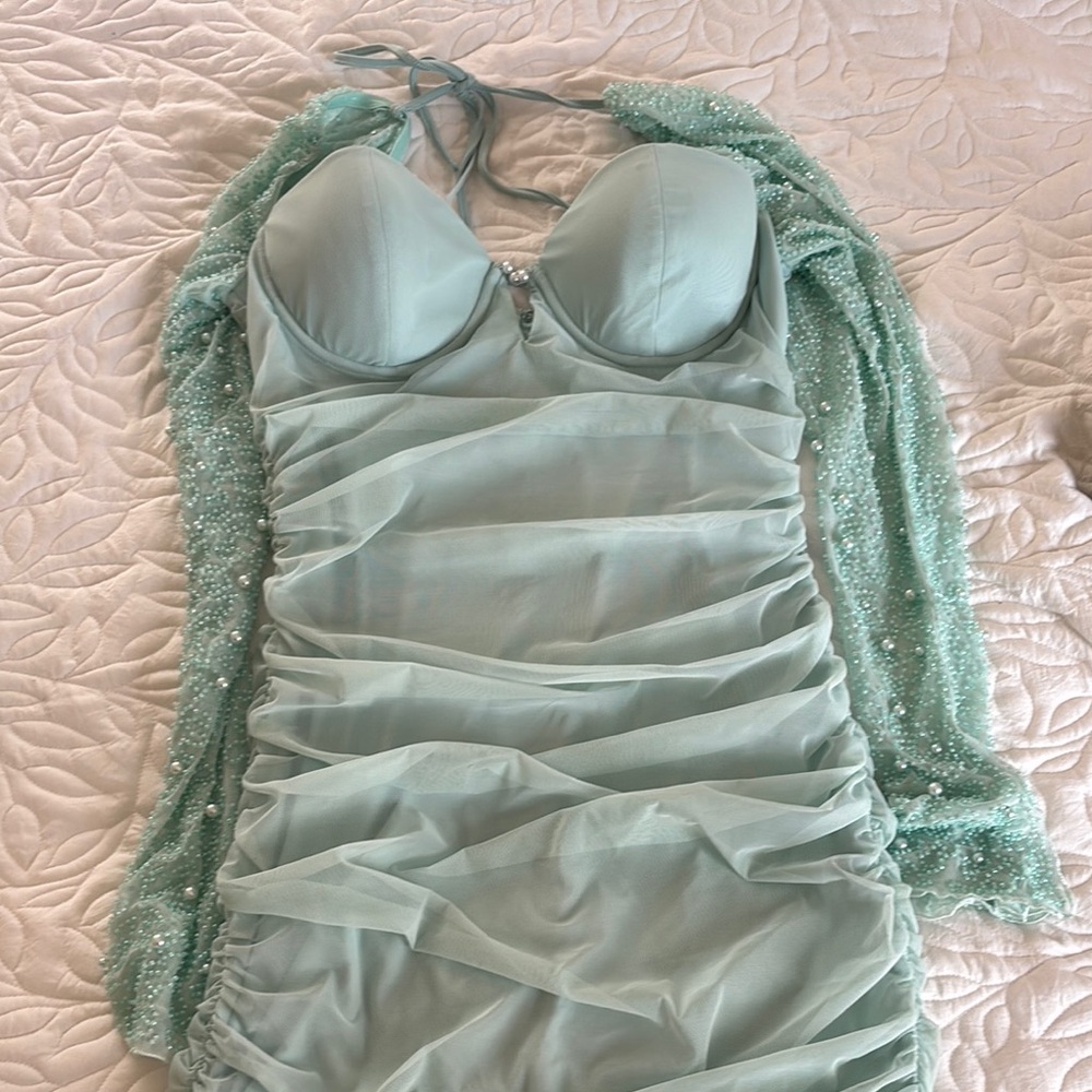 Oh Polly Turquoise Pearl Sleeve ruched dress